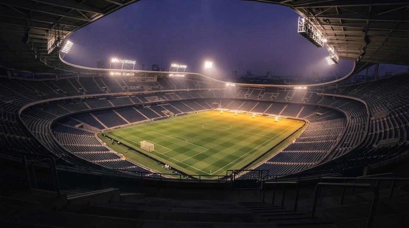 Fußballstadion mit beleuchtetem Spielfeld am Abend