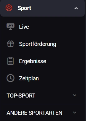 Sportartenmenü in der Benutzeroberfläche von RoosterBet