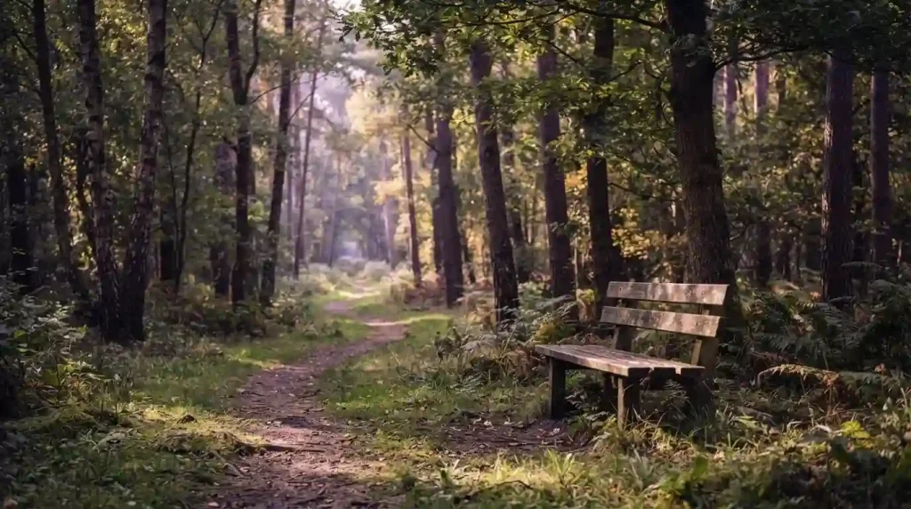 Holzbank an einem gewundenen Waldweg im Sonnenlicht