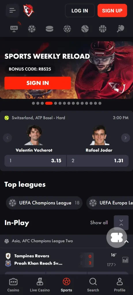 Mobile Sportwetten-Navigation von RoosterBet